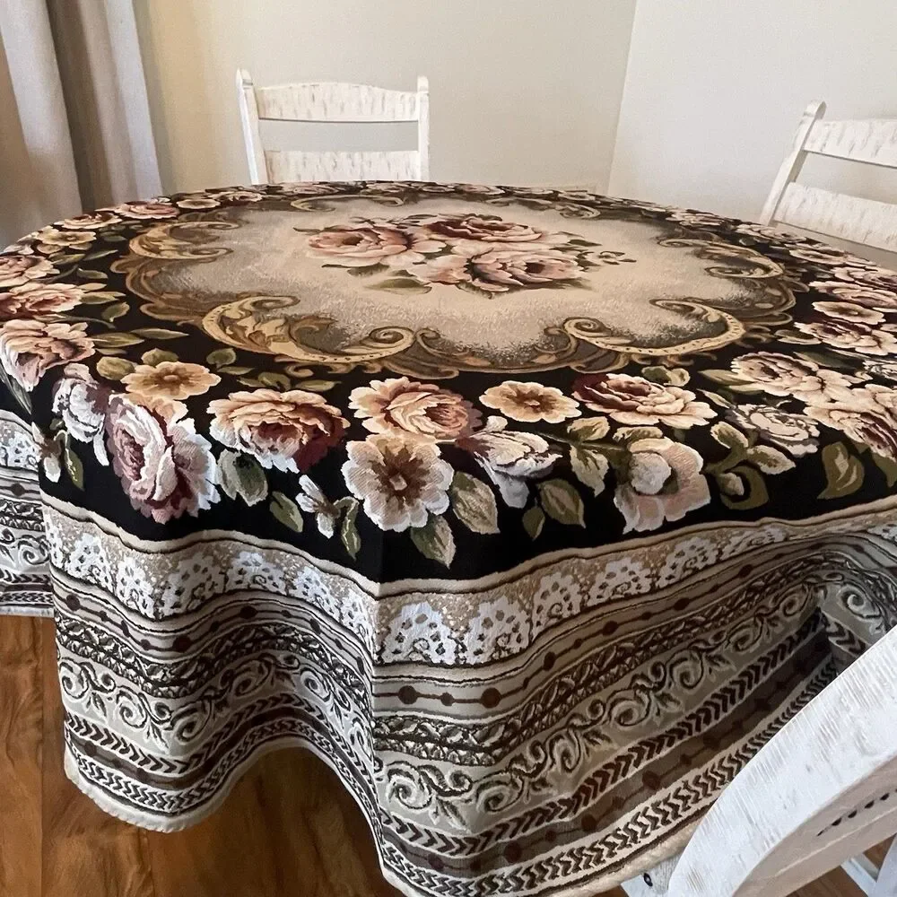 Dusty Rose Aubusson Tapestry Style Tablecloth/Rug 85 Inch Granny Cottagecore NEW